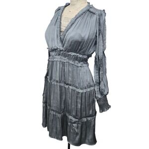 OPT‎ Ruffled Tiered Dress XS Blue Smocked V-Neck Mini Long Sleeve Romantic